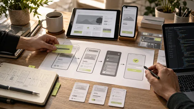 Tablet, telefon ve basılı ekran taslakları üzerinde arayüz tasarımı incelemesi