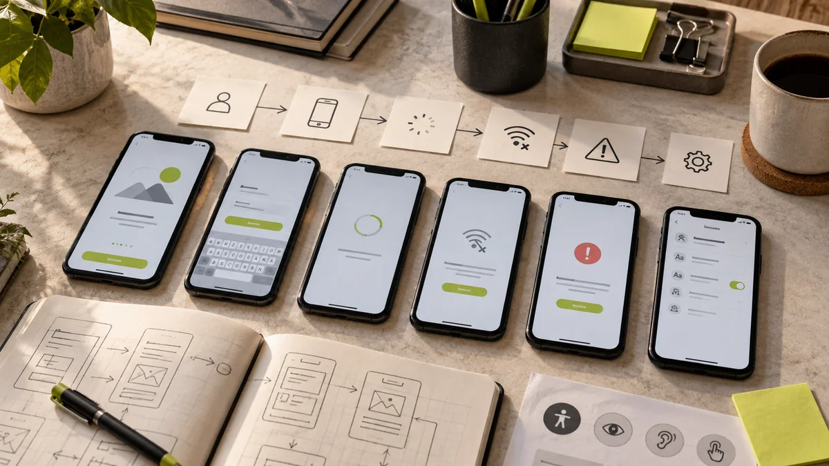 Mobil uygulamada yükleme, hata ve diğer ekran durumlarını gösteren telefonlar