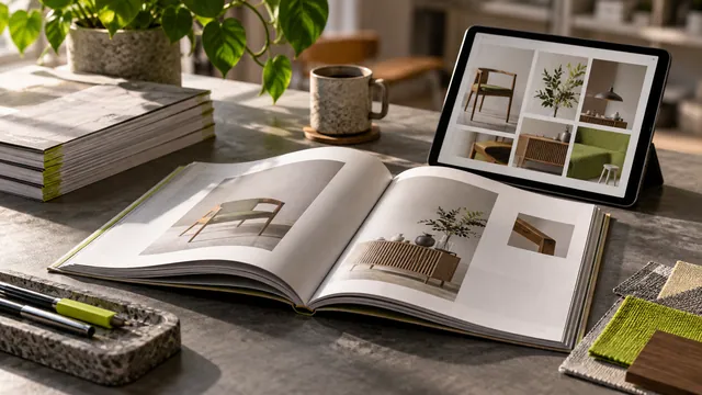 Basılı katalog, dijital katalog ekranı ve aynı ürünlerin farklı ortamlardaki sunumu