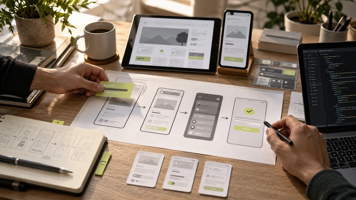 Tablet, telefon ve basılı ekran taslakları üzerinde arayüz tasarımı incelemesi
