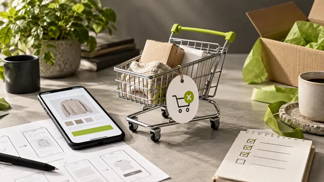 E-ticaret sepet akışını temsil eden telefon ekranı, alışveriş sepeti ve kontrol notları