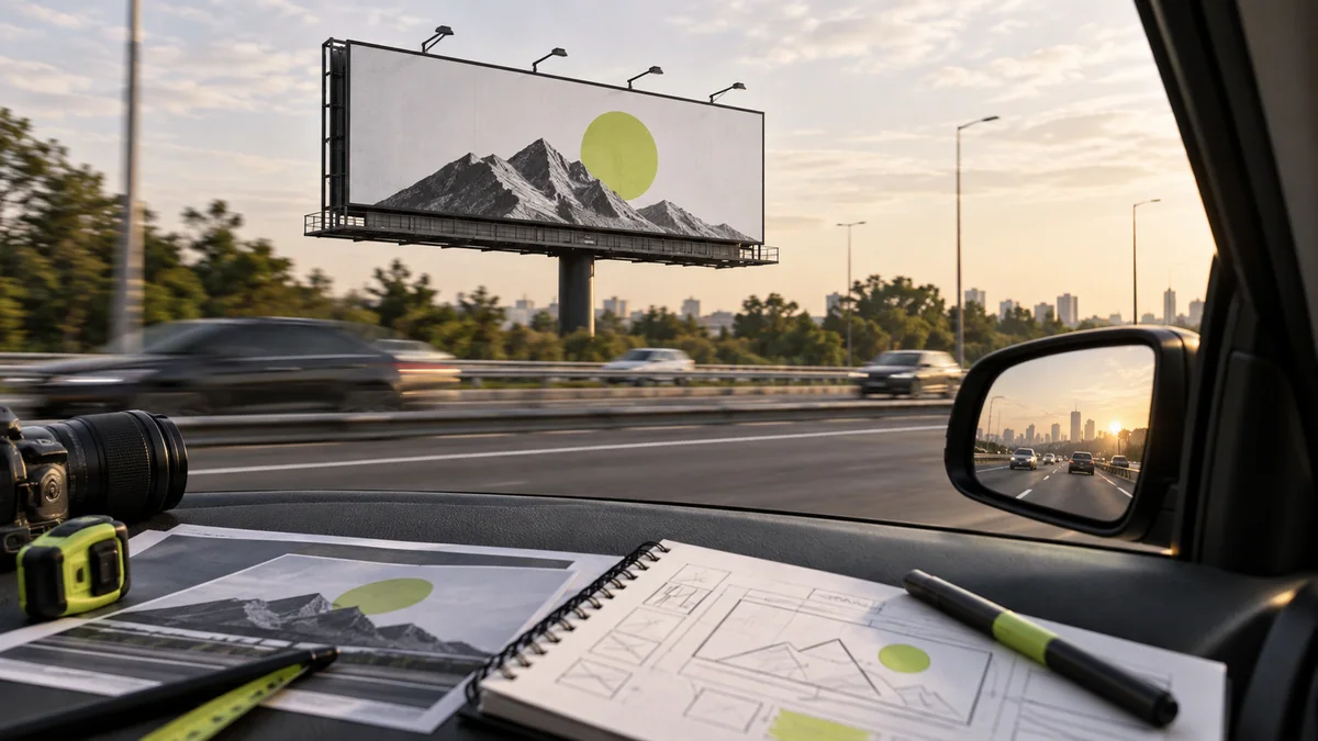 Araç içinden görülen yol kenarı billboardu ve açık hava tasarım taslakları