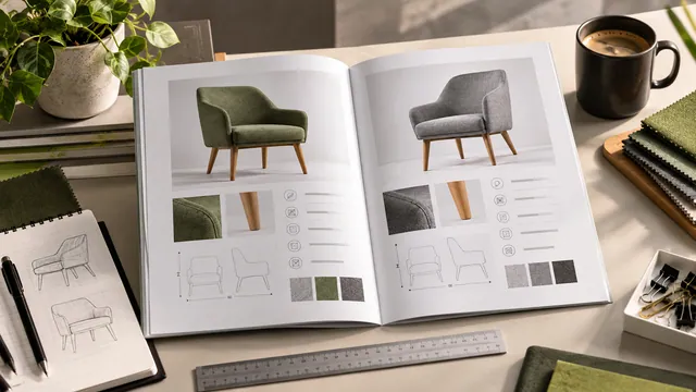 İki ürünün özelliklerini yan yana karşılaştıran katalog sayfaları ve düzen eskizleri