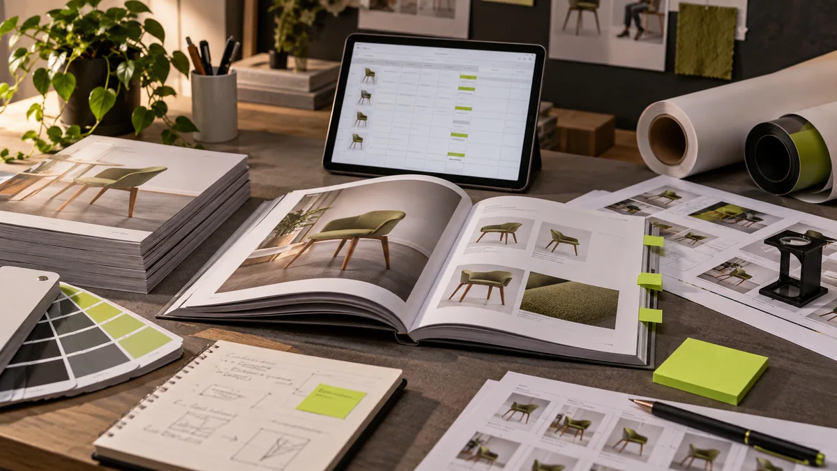 Ürün fotoğrafları ve sayfa taslaklarıyla birlikte açık bir katalog ve dijital ürün listesi