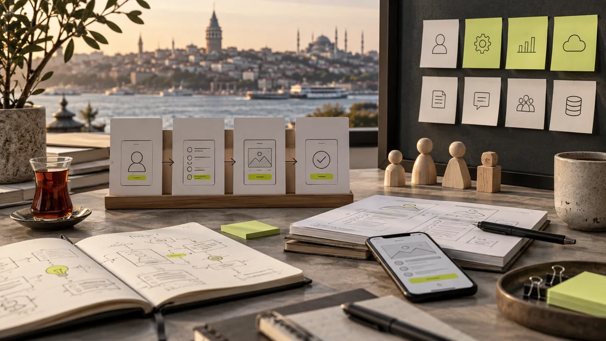 Mobile wireframes, user figures and product planning cards arranged for an MVP workshop