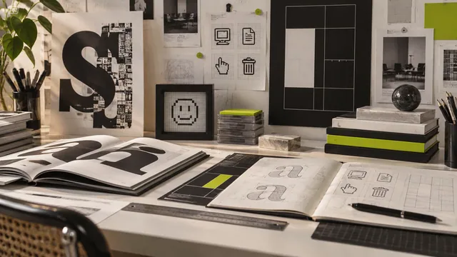 Tipografik afiş, piksel simgeleri ve düzen sistemi örneklerinden oluşan tasarım incelemesi