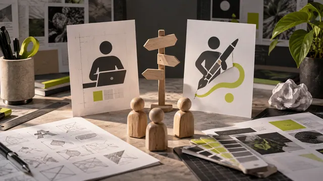 Grafikerin farklı görevlerini temsil eden meslek simgeleri ve yönlendirme kartları
