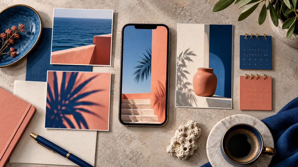 Telefon ekranı, farklı oranlarda renkli görseller ve sosyal medya tasarım kartları