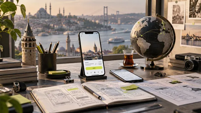 İstanbul silüeti, dünya küresi ve uluslararası kullanımı temsil eden mobil uygulama ekranları