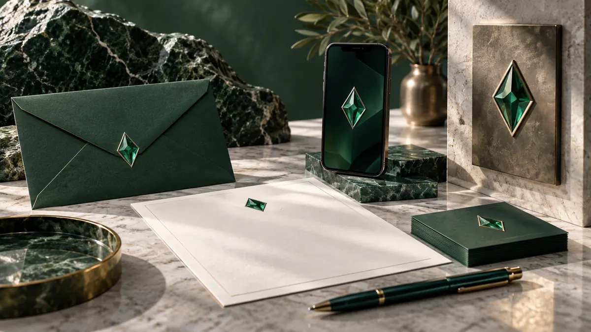 Telefon ve basılı marka materyallerinin birlikte yer aldığı tasarım çalışma masası