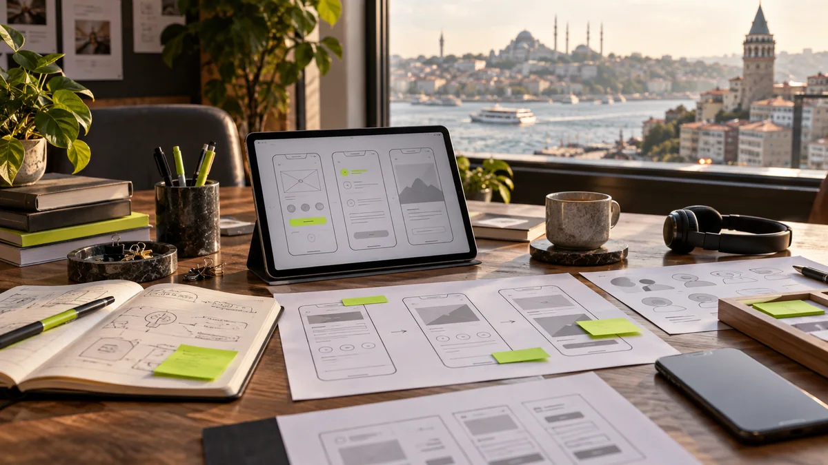 Interface wireframes, a tablet and design notes in front of an Istanbul-inspired skyline