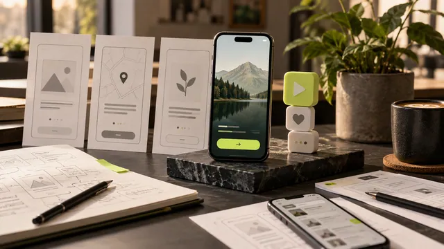 Mobil uygulama mağazası sunumu için ekran örnekleri ve arayüz kartları
