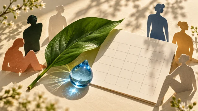 Mart içerik planı için yaprak, cam su damlası ve insan figürleri