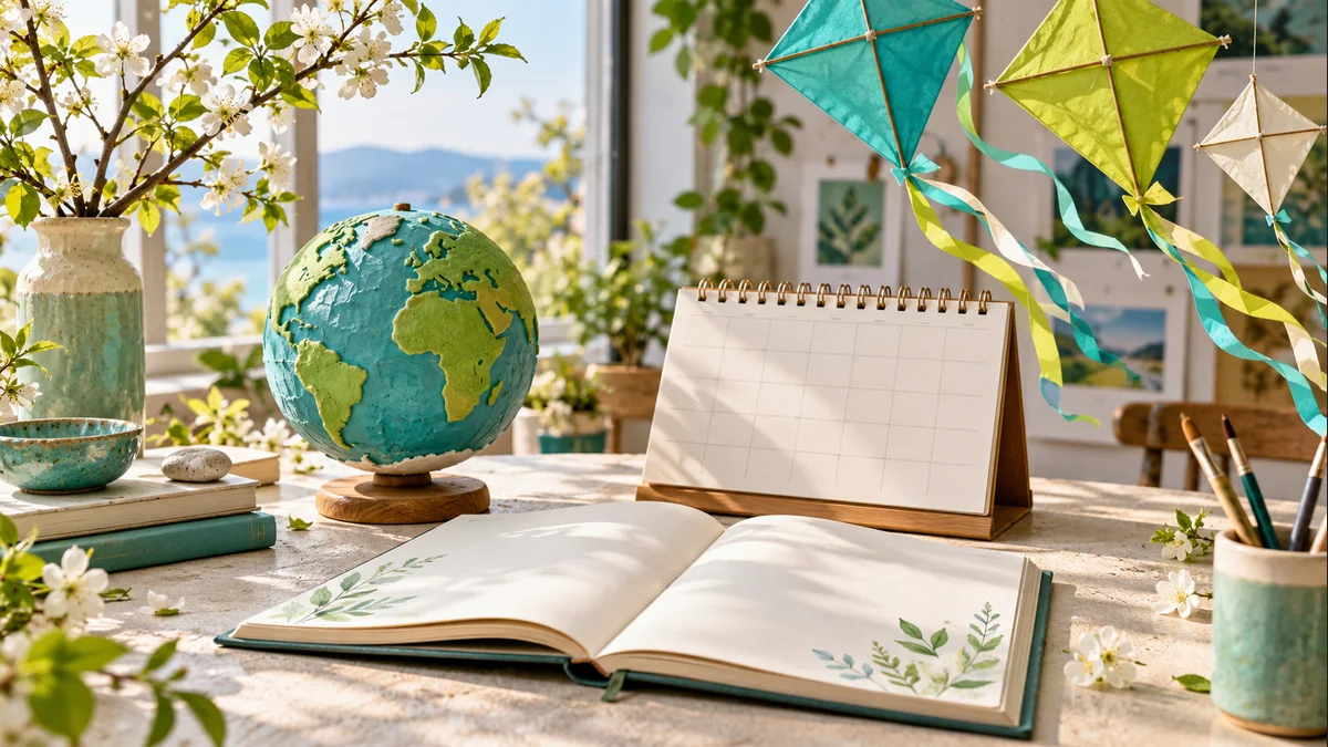 Nisan takvimi yanında kitap, dünya modeli ve kağıt uçurtmalar